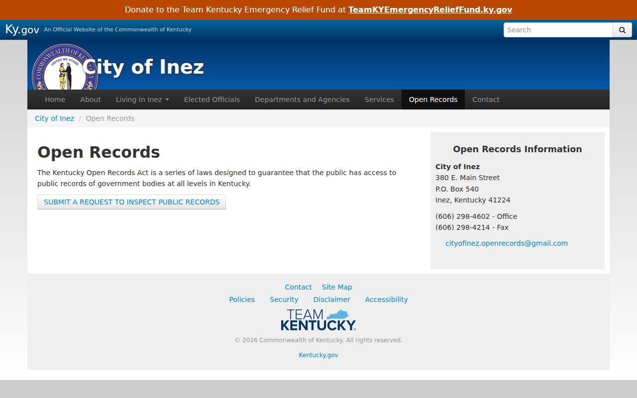 Inez criminal history open records request page